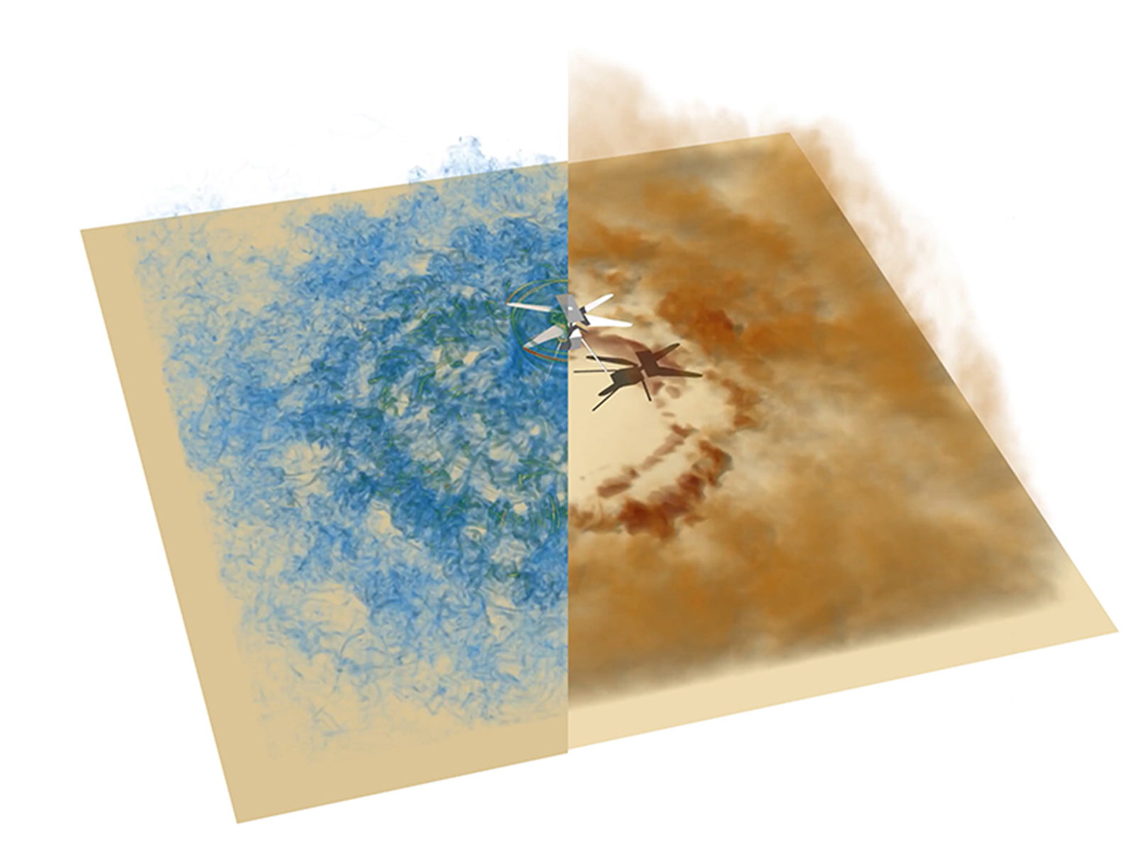 Visualization from the simulation of the Ingenuity Mars helicopter, vorticity field, and lifted dust.