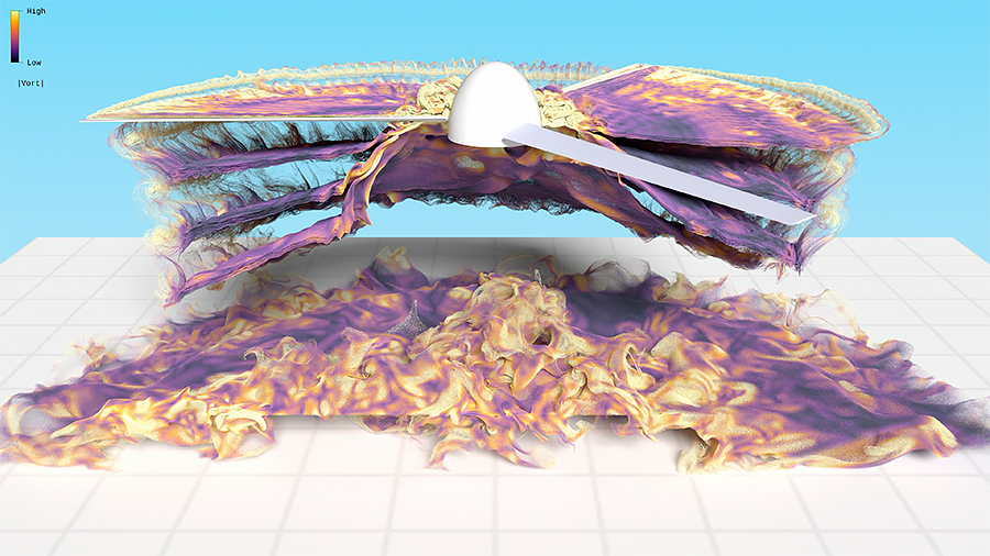 Visualization from the simulation of the Ingenuity Mars helicopter, vorticity field, and lifted dust.